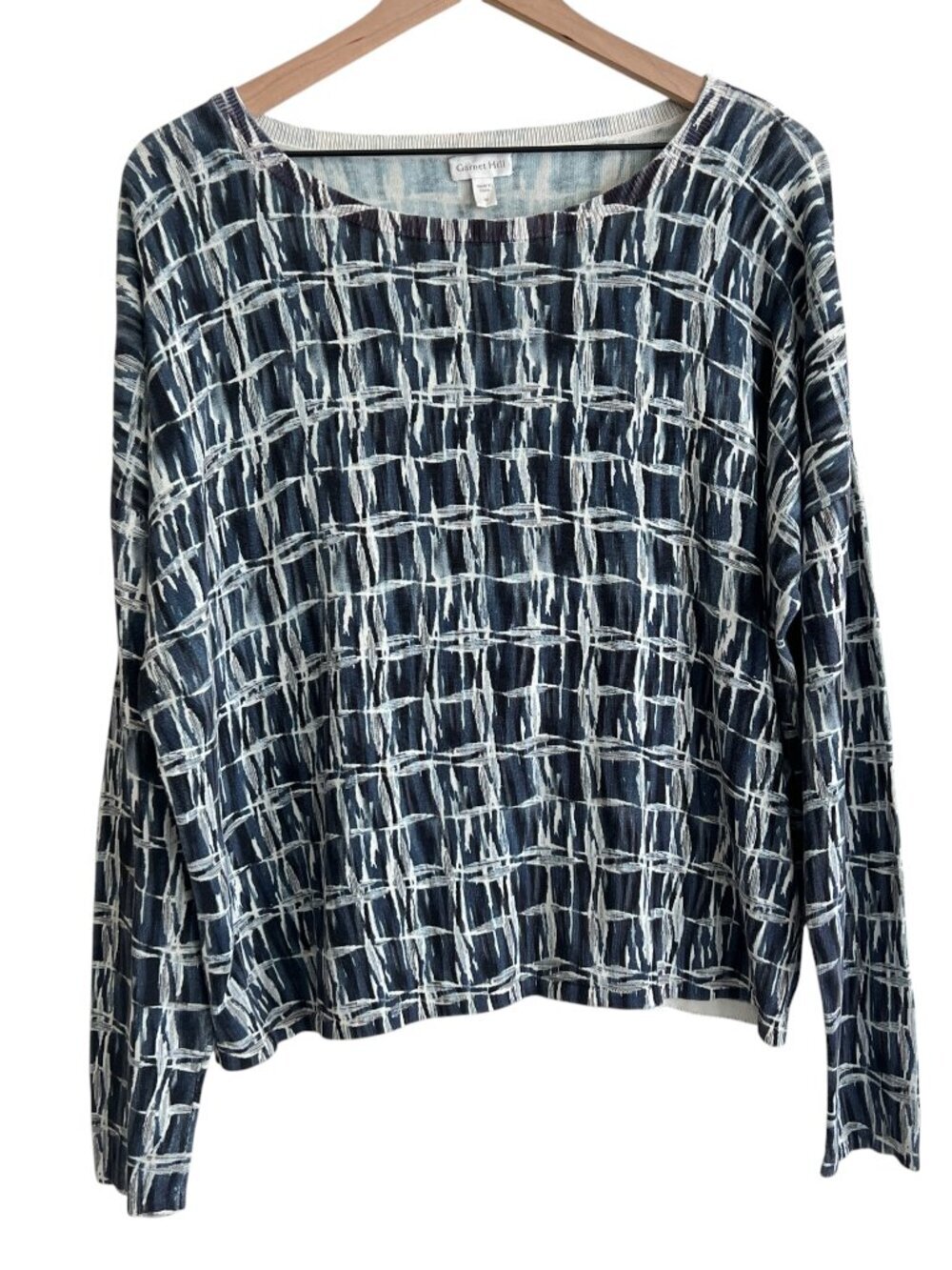 Garnet Hill Teal Blue Printed Silk & Cotton Oversized Sweater
